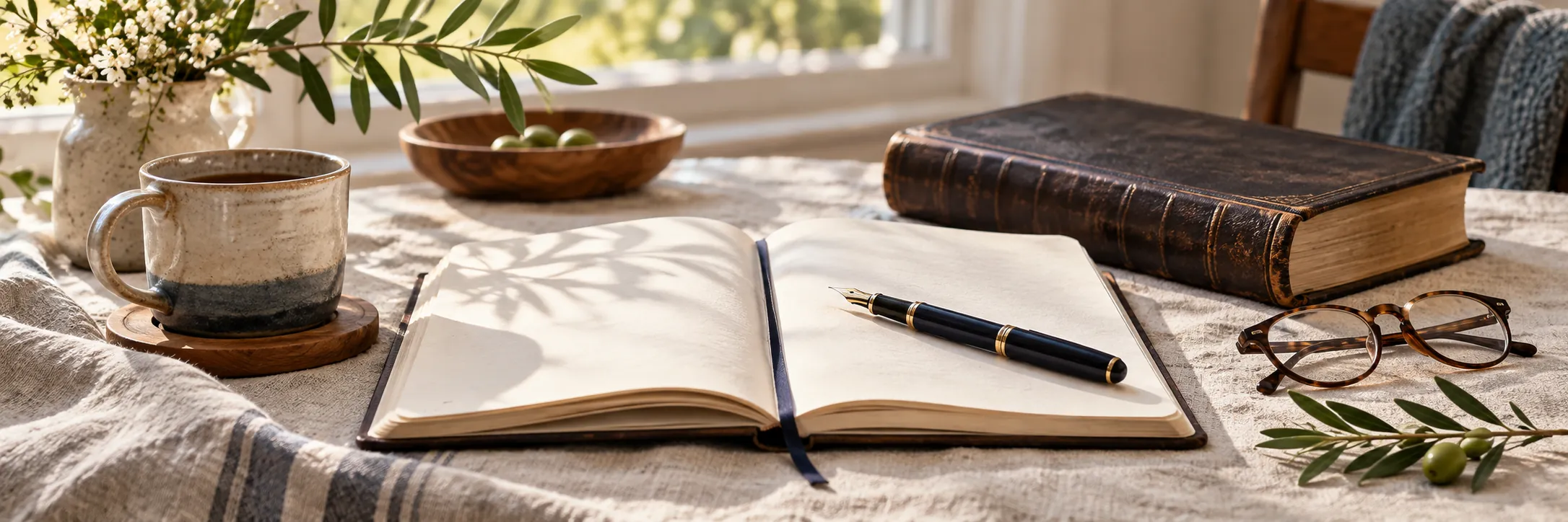 Open journal, Bible, pen, reading glasses, and tea in soft morning light.