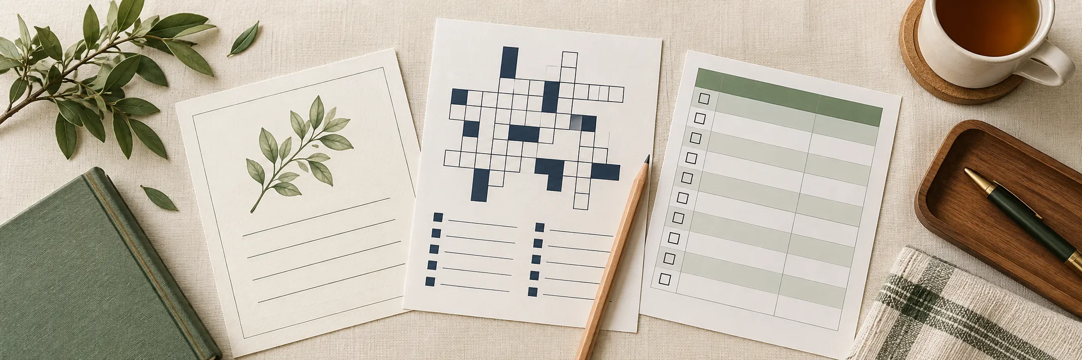 Large-print promise card, crossword, and budget worksheet arranged on a calm desk.
